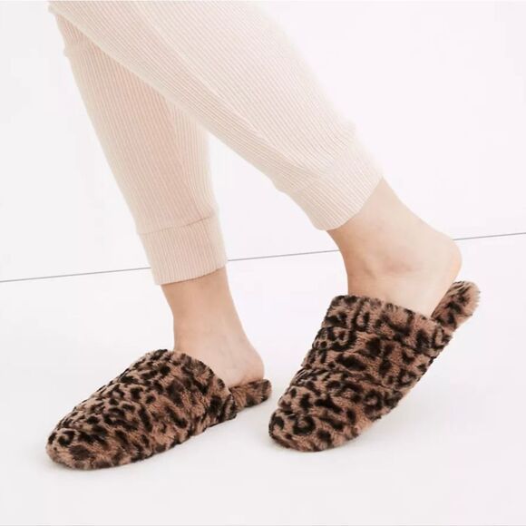 Madewell Quilted Scuff Slippers in Leopard Recycled Faux Fur women's sz 7 - Picture 1 of 10